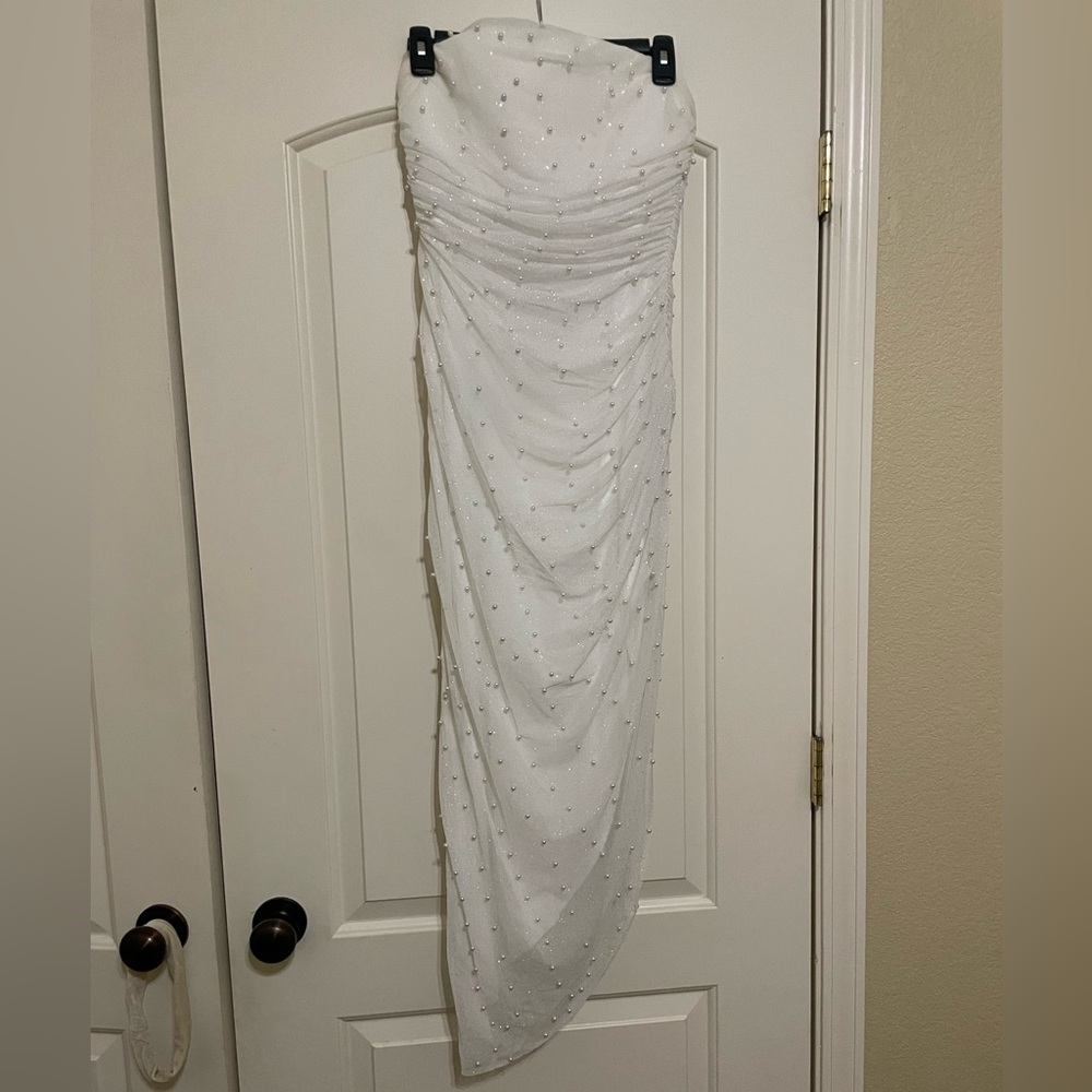 Honey and Rosie Strapless White Dress with Bead Accents